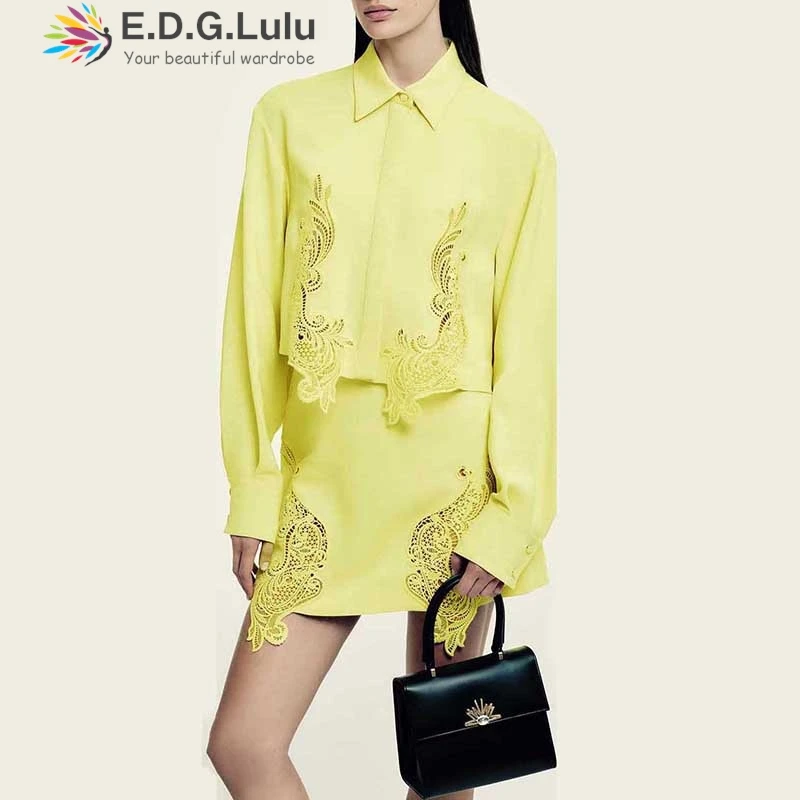 EDGLuLu Women's Clothing Sets Turn-Down Collar Long Sleeves T-Shirt Top+High Waisted Mini Skirt Hollow Embroidery White Suit1208
