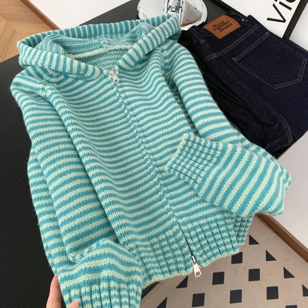 اليابانية Y2K Harajuku الساخن فتاة الرجعية التباين مخطط محبوك هوديي الخريف/الشتاء المرأة فضفاضة عادية سستة سترة ايمو #5