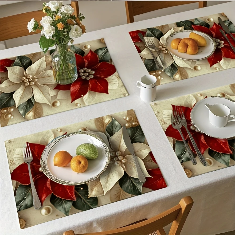 VIKAMA 4/6/8/10PCS Light Luxury Pearl Flower Table Mat Machine Washable Party Table Mat Holiday Decoration