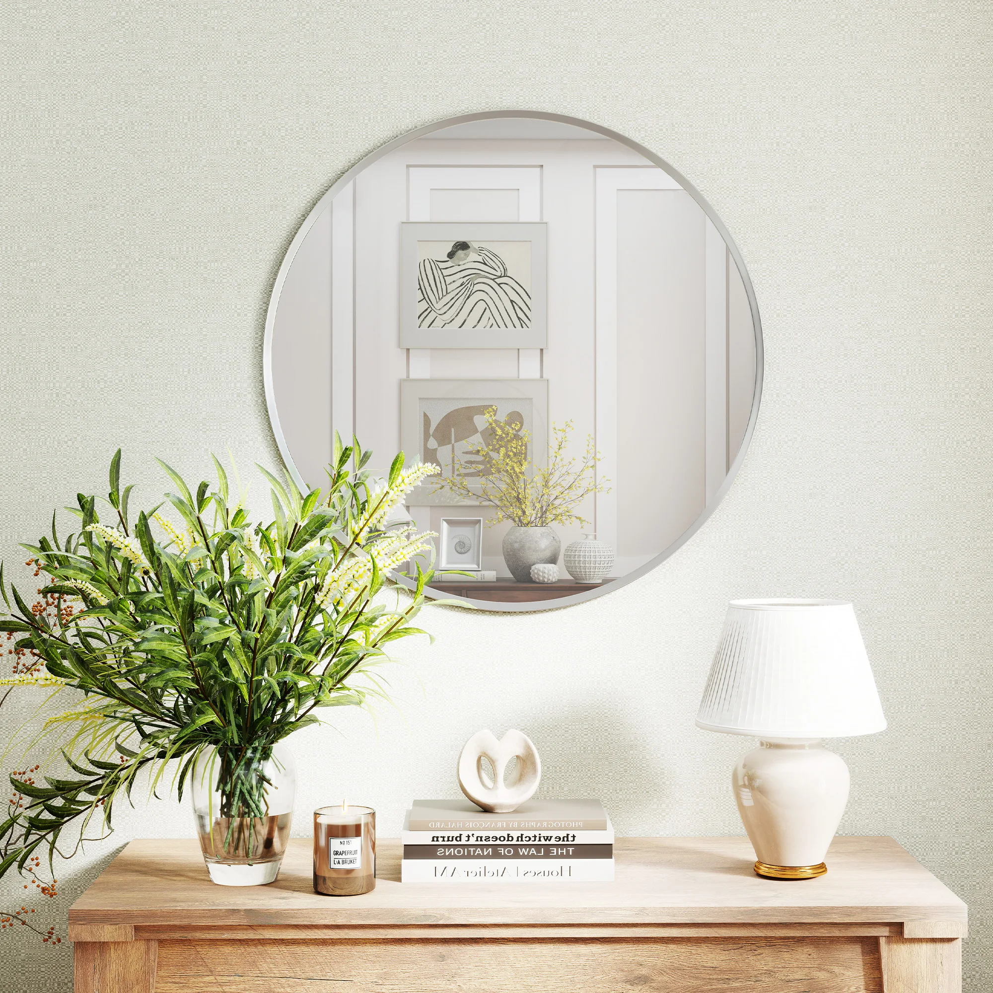 HOMCOM Wandspiegel 61x61 cm Ronde Badkamerspiegel met Aluminiumlegering frame Decoratieve Spiegels voor Badkamer, Woonkamer, Slaapkamer Zilver