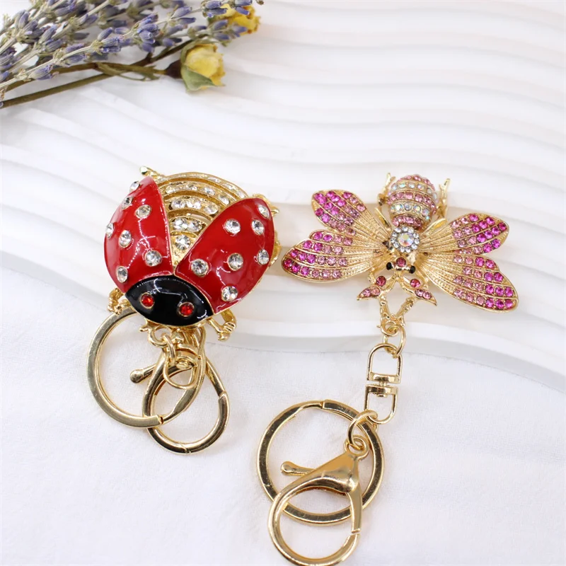 Creative Rhinestone Bee Keychain And Cute Red Ladybug Insect Pendant Keyring For Women Handbag Charm Jewelry