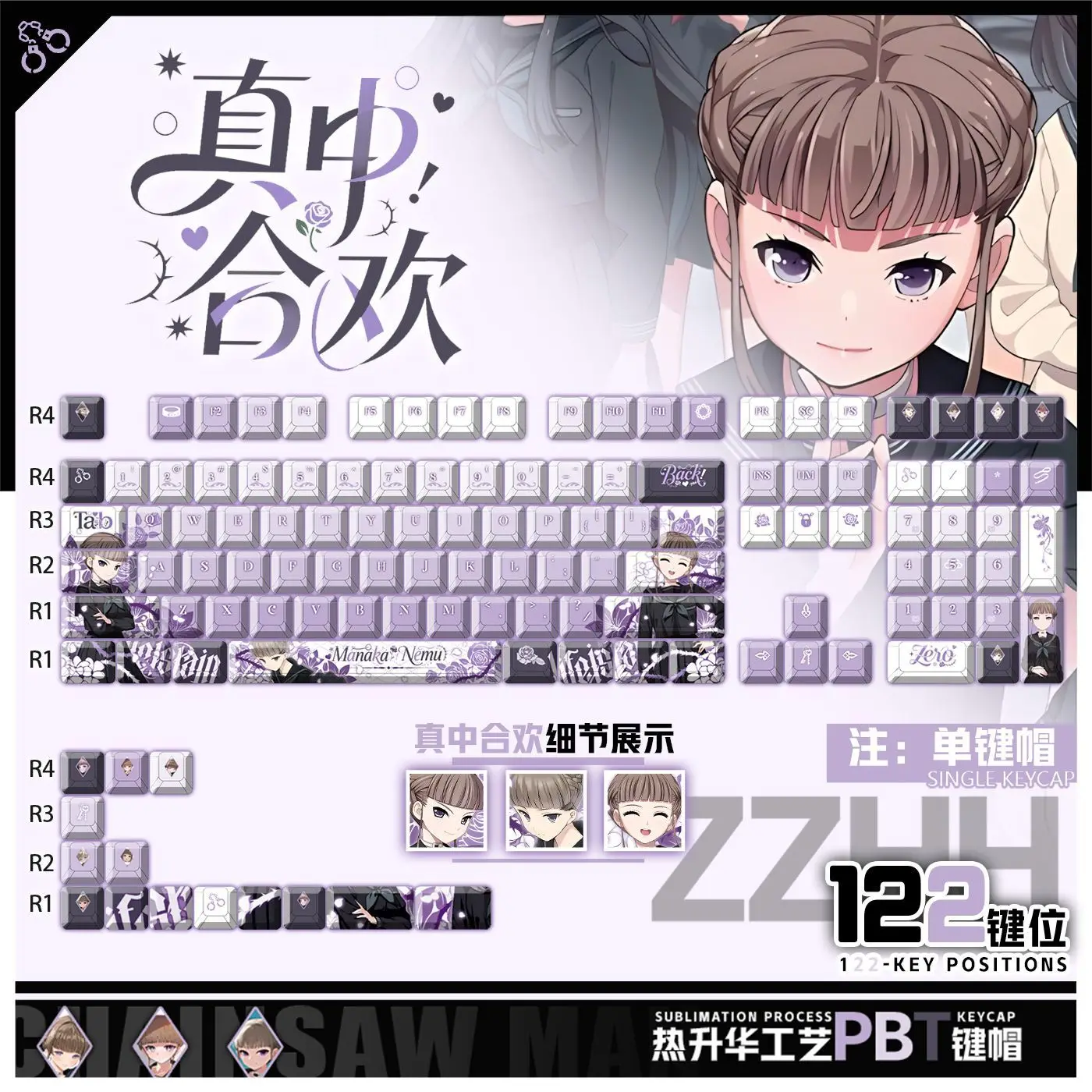 122 Keys Euphoria Manaka Nemu Keycaps Anime Chreey PBT Transparent Key Caps for Made68 Mad68 Wooting 60 Mechanical Keyboard
