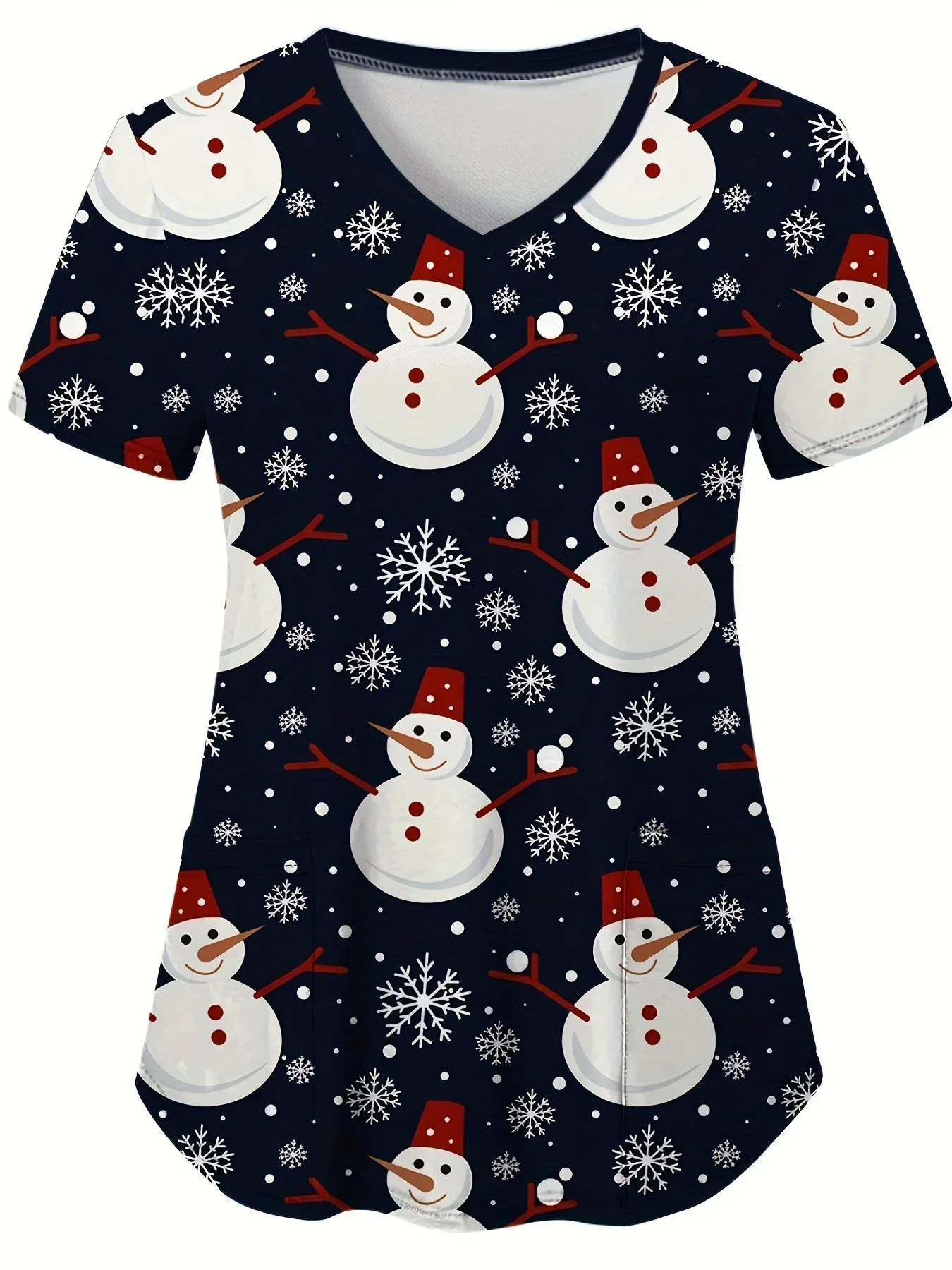 Nurse Uniform Fashion Women's Christmas snowman Printed Short Sleeve V-neck Santa Claus Work Uniform Medical Work Uniform 2024