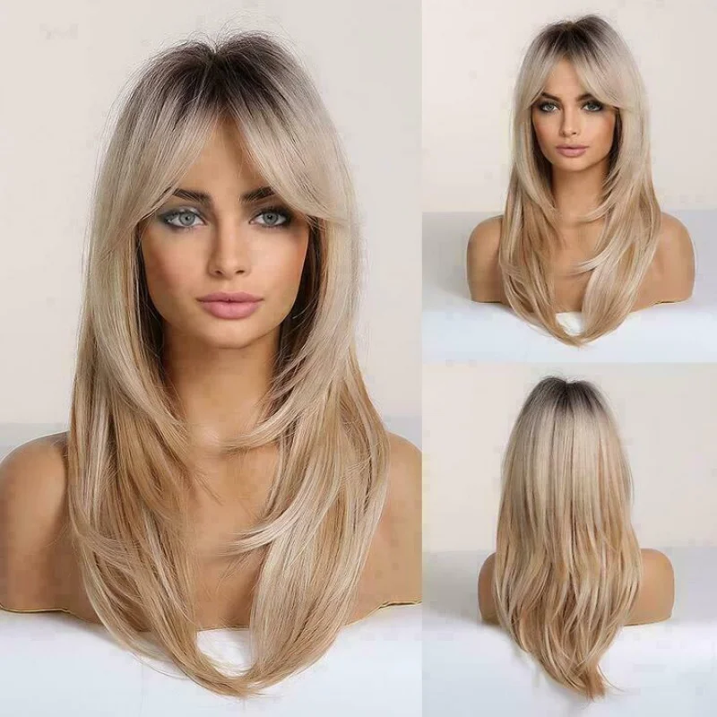 

Light Brown Blonde Hair Wigs with Bangs for Women Long Layer Ombre Daily