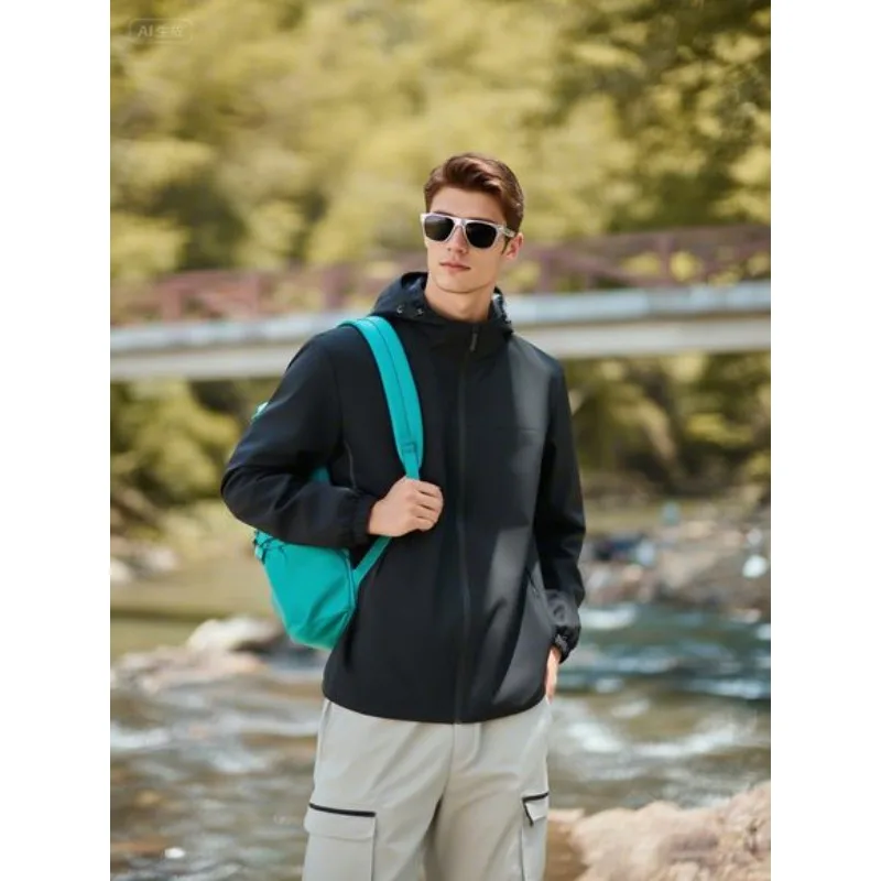 

Spring and Autumn Men's and Women's Jackets Outdoor Hooded Zipper Jacket Black Breathable Waterproof Casual Wind Hiking