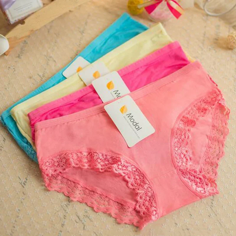 New Soft Solid Lace Modal Women Briefs Elasticity Panties Underwear Candy Color Bamboo Fiber Sexy Briefs One Size Accessory Gift