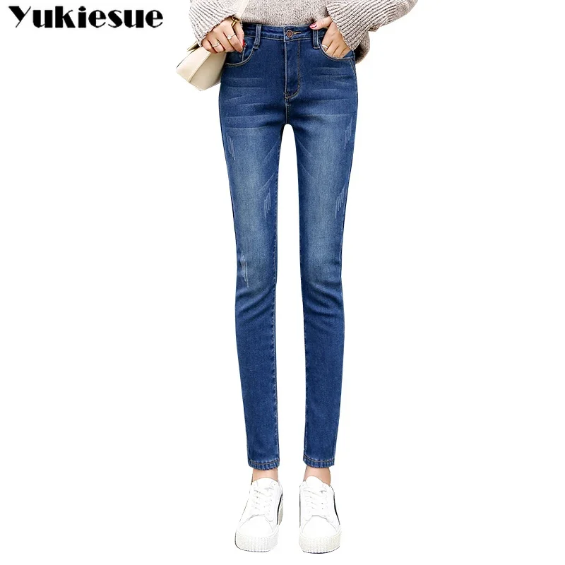 Warm Jeans Broek Voor Vrouwen Kleding Winter Blauw Licht Blauw Solid Skinny Fleeces Dikke Potlood Broek Met Fluwelen Denim Broek