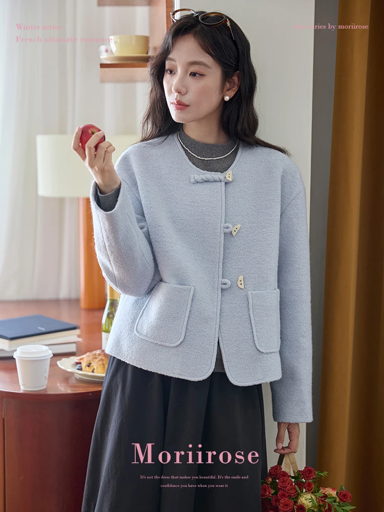 

Винтажное зимнее женское пальто Moriirose из синей шерстяной смеси с круглым вырезом и спущенным плечом, верхняя одежда, куртка