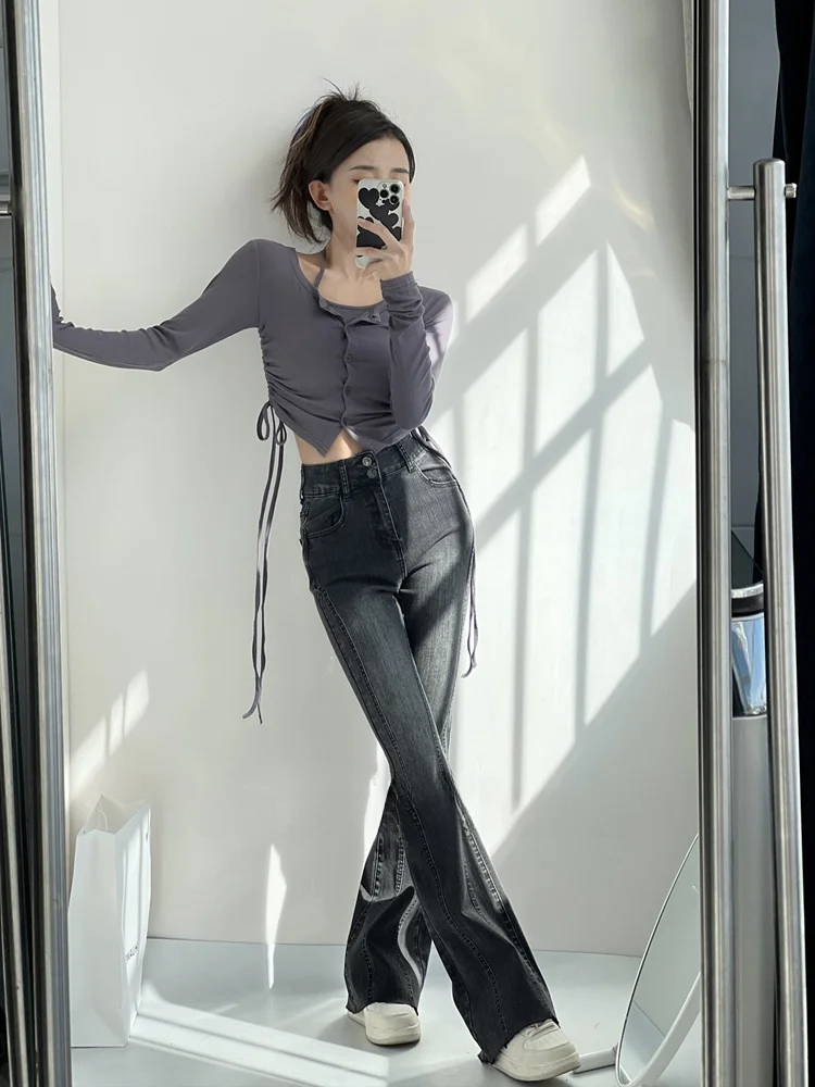 

Ретро американские потертые джинсы с высокой талией, расклешенные брюки, утягивающие широкие брюки-копыта для женщин