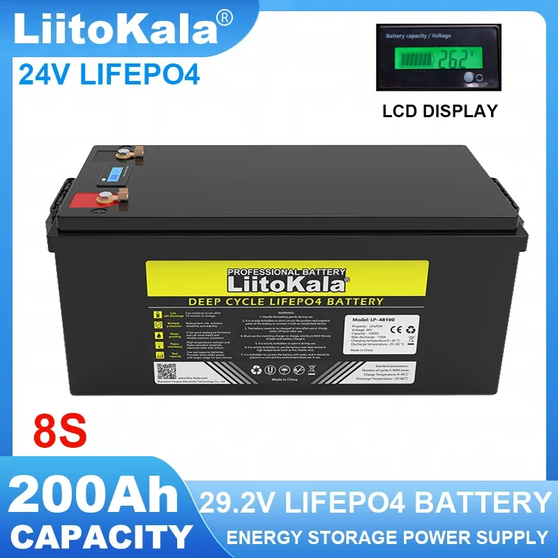 LiitoKala 24V/29.2v  200Ah 100ah 8s LiFePO4 Battery Lithium Iron Phosphate Alternator Solar Energy Camping Batteries Tax Free