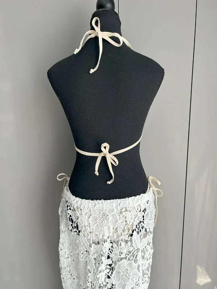 Seksowna Damska Odzież Kąpielowa 2025 Nowy Biały Koronkowy Push Up Bikini Zestaw 3-częściowy Spódniczka z Siateczki Letni Strój Kąpielowy Narzutka Biquini Plaża