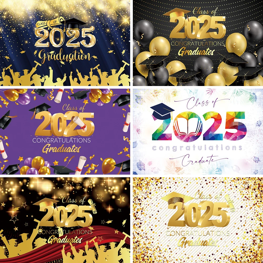 2025 Graduation PhD Cap Decor Background Degree Ceremony Party Backdrop Black Gold Prom Celebration Decortion Photo Booth Props