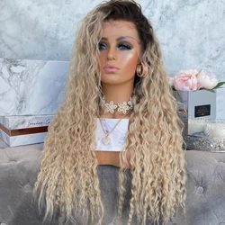 AIMEYA Synthetic Lace Front Wigs for Women Ombre Blonde Wig High Temperature Fiber Lace Wigs Deep Wave Party Blonde Curly Wig