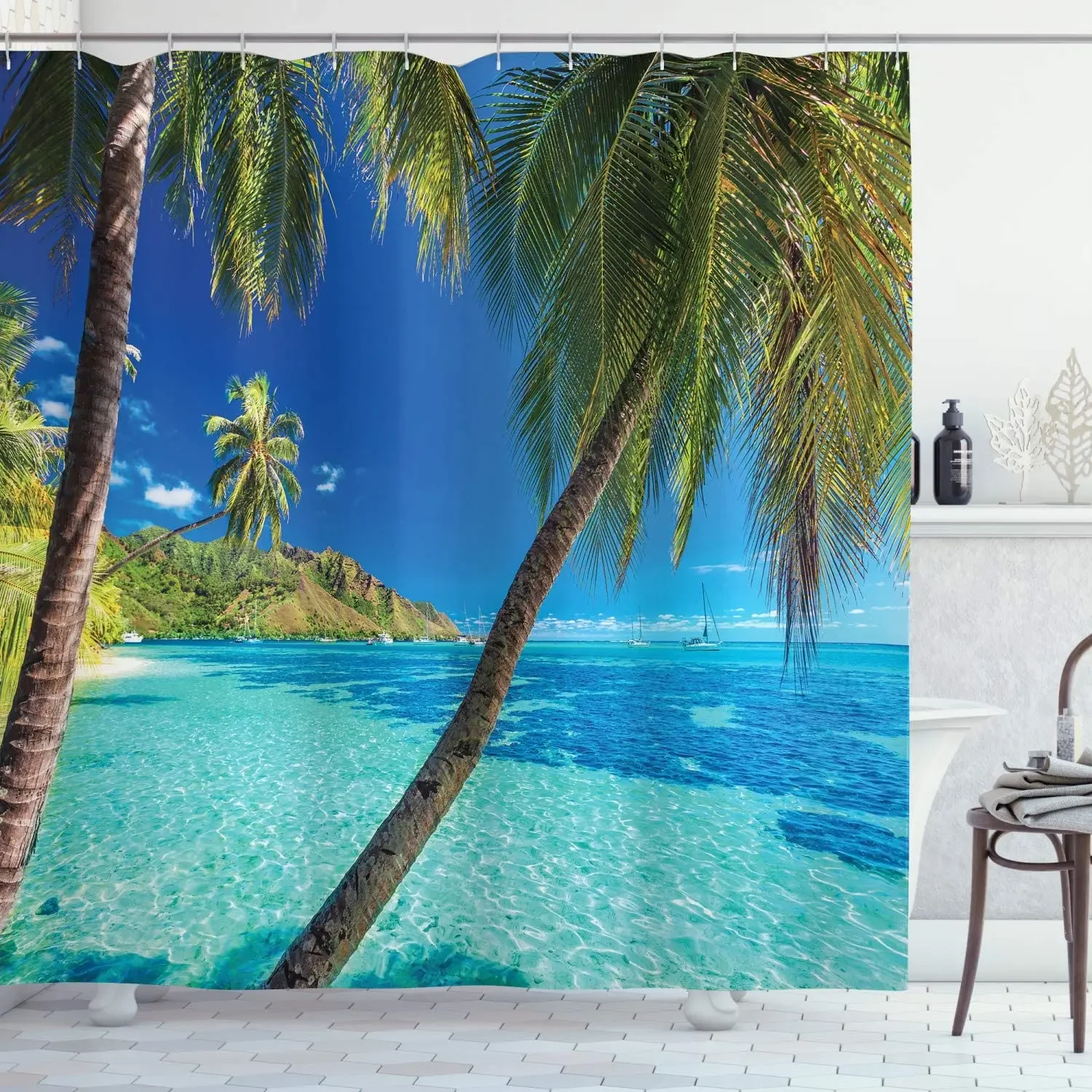 Ocean Shower Curtains Tropical Island Palm Trees Clear Sea Beach Theme Print Fabric Bathroom Decor Set with Hooks Turquoise Blue