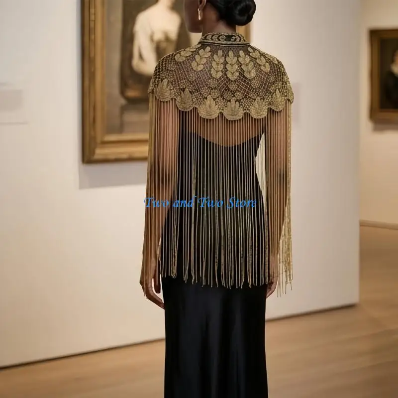 HX6F Party Evening Shawl for Women, Beaded Fringe Open Front Wrap with Lightweight Shoulder Coverage and Stage Use Layering