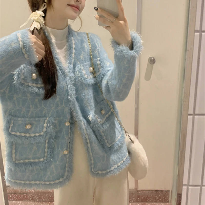 Imagem -02 - Cardigan Clássico de Bolso Fofo para Mulheres Top Chique de Malha Novo Outono e Inverno 2023