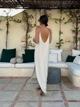 Abito con bretelle da donna sexy in tinta unita senza schienale Elegante con spacco sulle spalle Abiti lunghi Nuovi abiti da vacanza al mare senza maniche