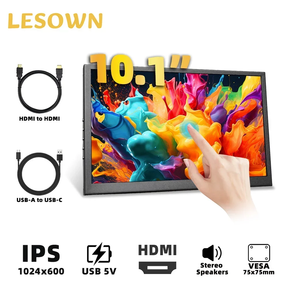 LESOWN 10.1 inch Capacitive Touch Screen Monitor 5-points HDMI 1024x600 HD IPS Display with Stand Speakers for PC Raspberry Pi