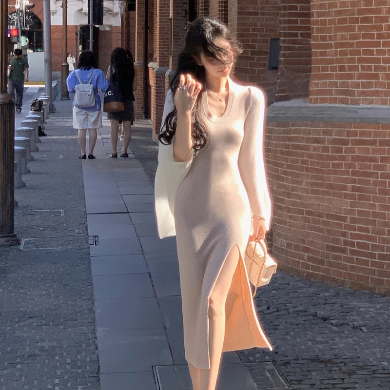 

Теплая шерстяная вязаная юбка-карандаш с высокой талией и U-образным вырезом для женщин, осенняя модная базовая одежда из смесового полиэстера и шерсти