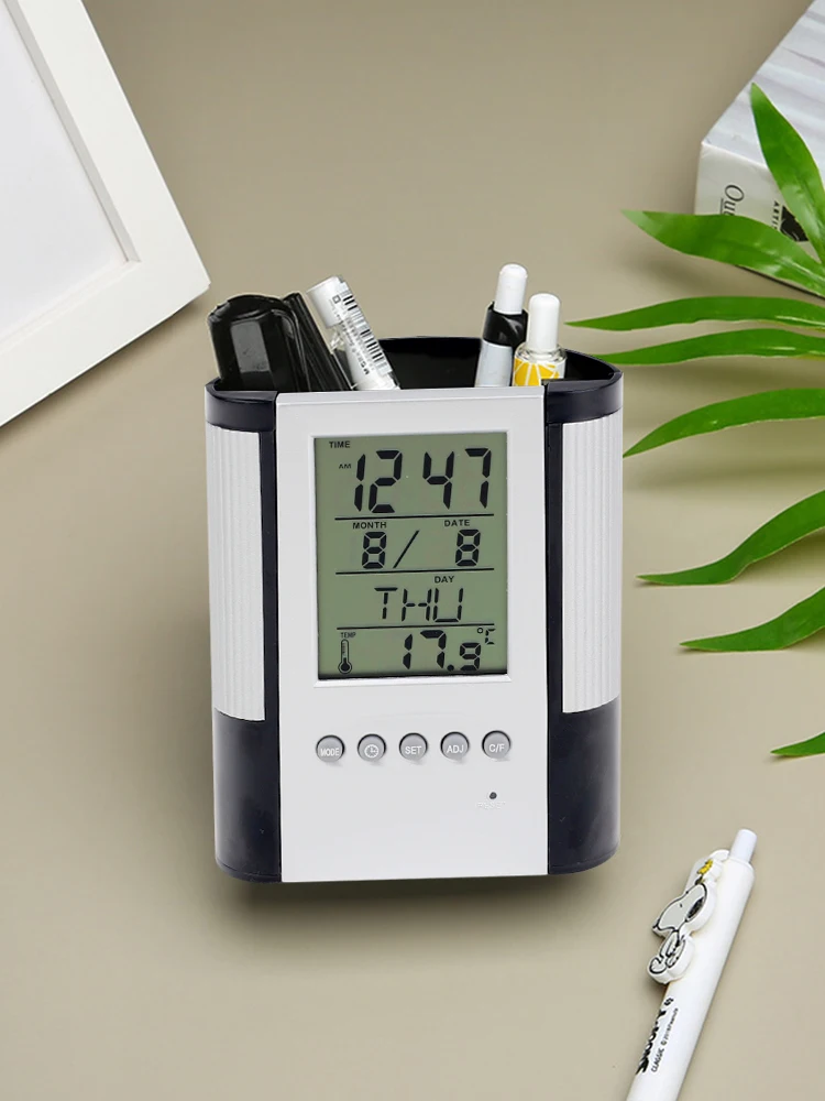 Perpetual Calendar Pen Holder Anti Slip Base Date Time Display Temperature Detection Desktop Storage Decorative Clock Pen Holder