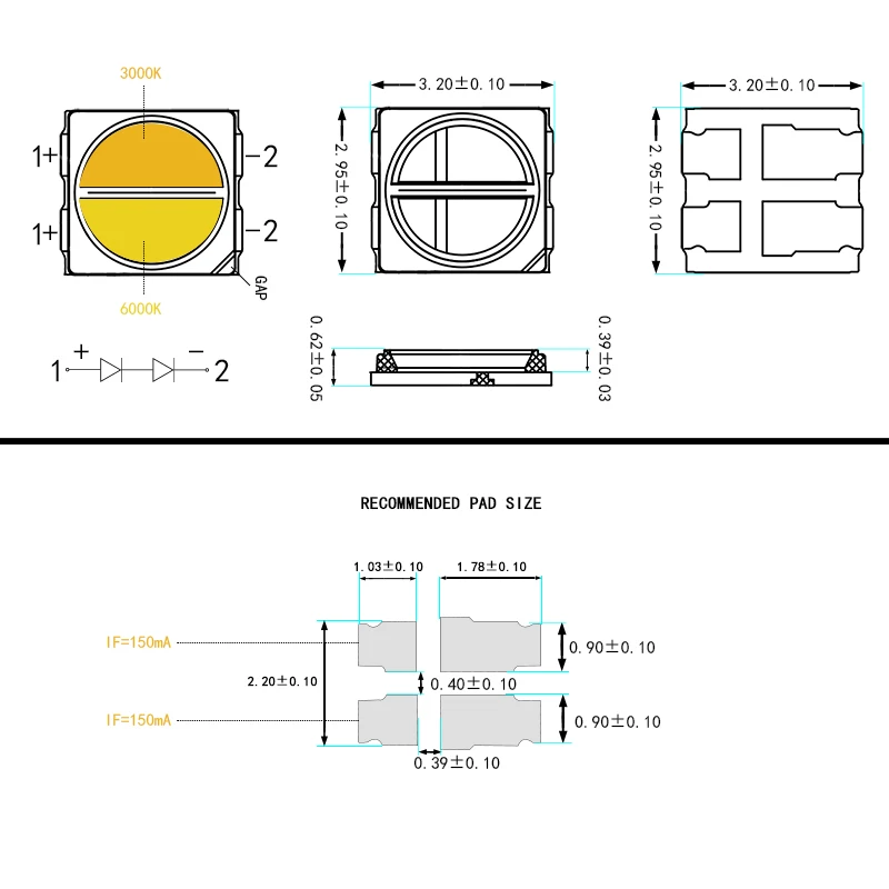 100PCS 3030 Highlight SMD LED beads, color temperature: 3000K+6000K, power: 0.5W+0.5W, voltage: 3V, brightness: 70-75lm.