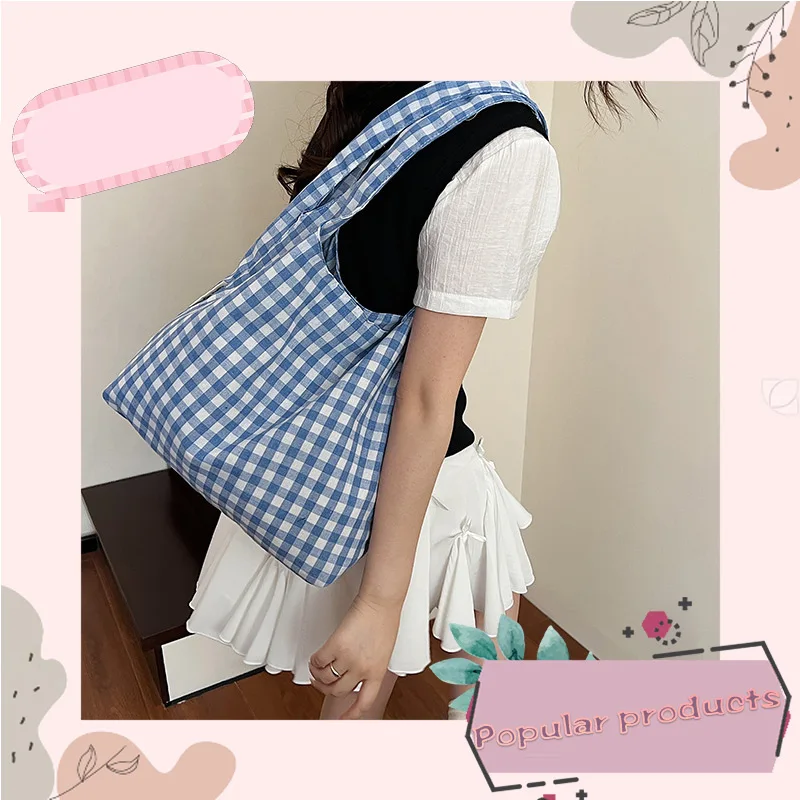 New Korean Style Retro Plaid College Style Vest Bag, Large Capacity Shoulder Bag, Light Shopping and Versatile Shopping Pouch