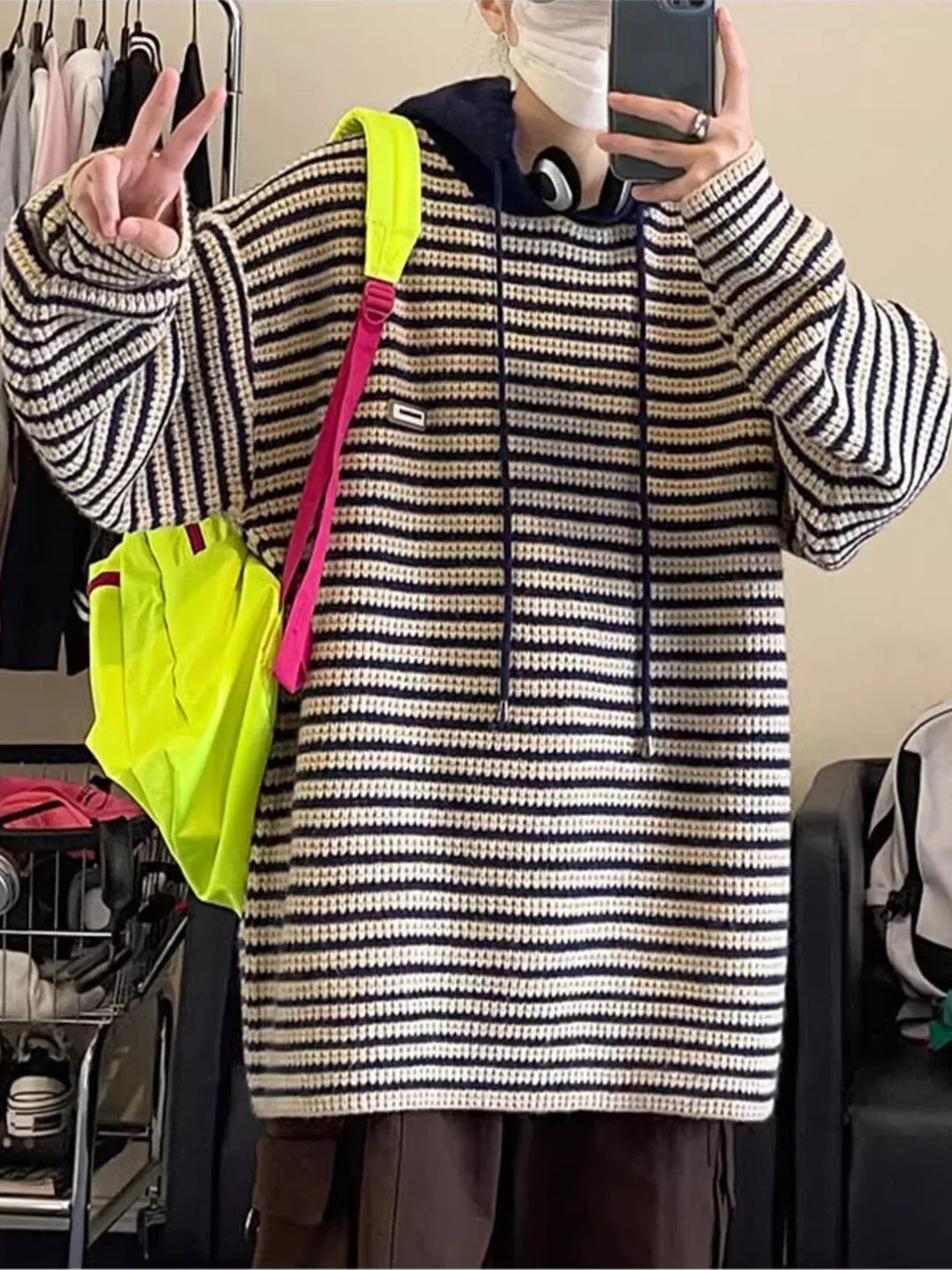 

Мужская вязаная толстовка большого размера в полоску, ленивый сле, осень-зима, винтажное японское свободное трикотажное пальто