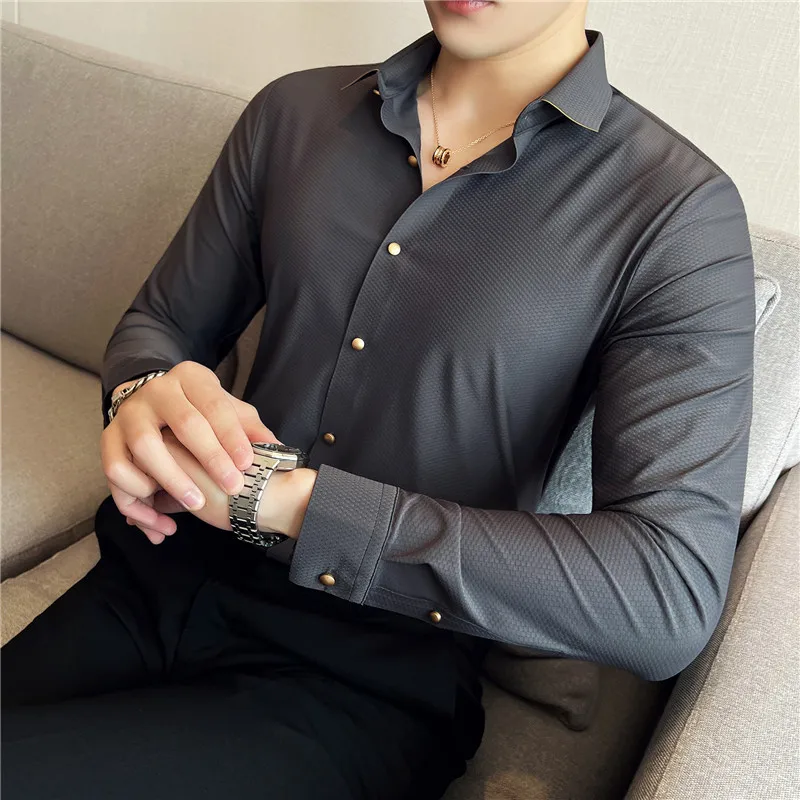 

British Style Autumn New Long Sleeve Phnom Penh Shirts Men Quality Slim Drape Tuxedo Casual High Elasticity Without Mark Shirts