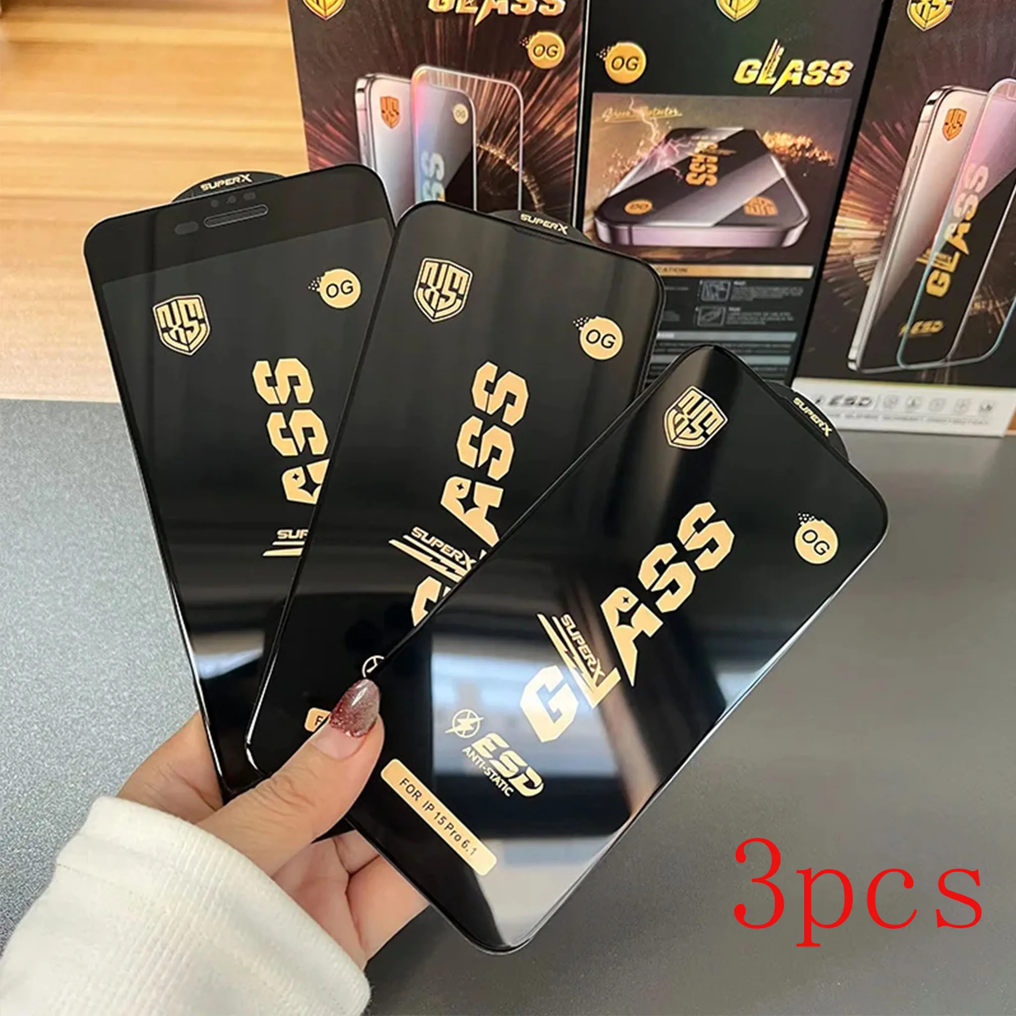 Protection d'écran ESD OG (3-1 pièces) pour iPhone 17, 16, 15, 14, 12, 11, 13 Pro, 7, 8, 6 Plus, XR, X, XS, SE – Verre trempé intégral pour iPhone 17 Pro