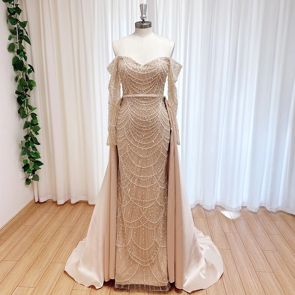 

Элегантное атласное вечернее платье, женское платье со съемным шлейфом и жемчугом, с длинным рукавом, платье русалки для выпускного вечера, настраиваемое свадебное платье 2025 г.