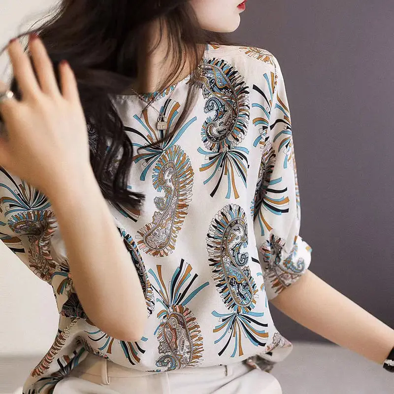 Vintage Printed O-Neck All-match Korean Blouse Women\'s Clothing 2023 Spring New Casual Pullovers Short Sleeve Office Lady Shirt