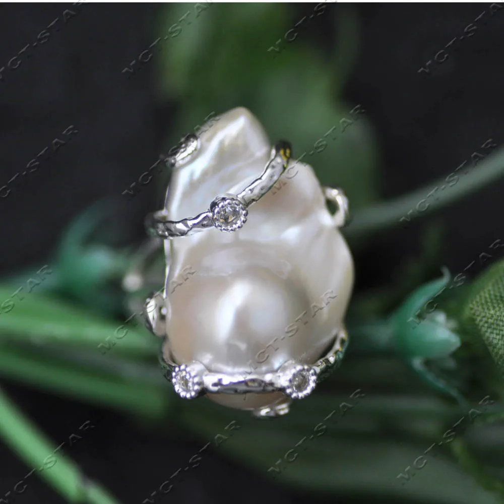MTC·STAR White Baroque Keshi Reborn Pearl Ring with CZ - Elegant Reimagined Pearl Jewelry (Z14206) view 3