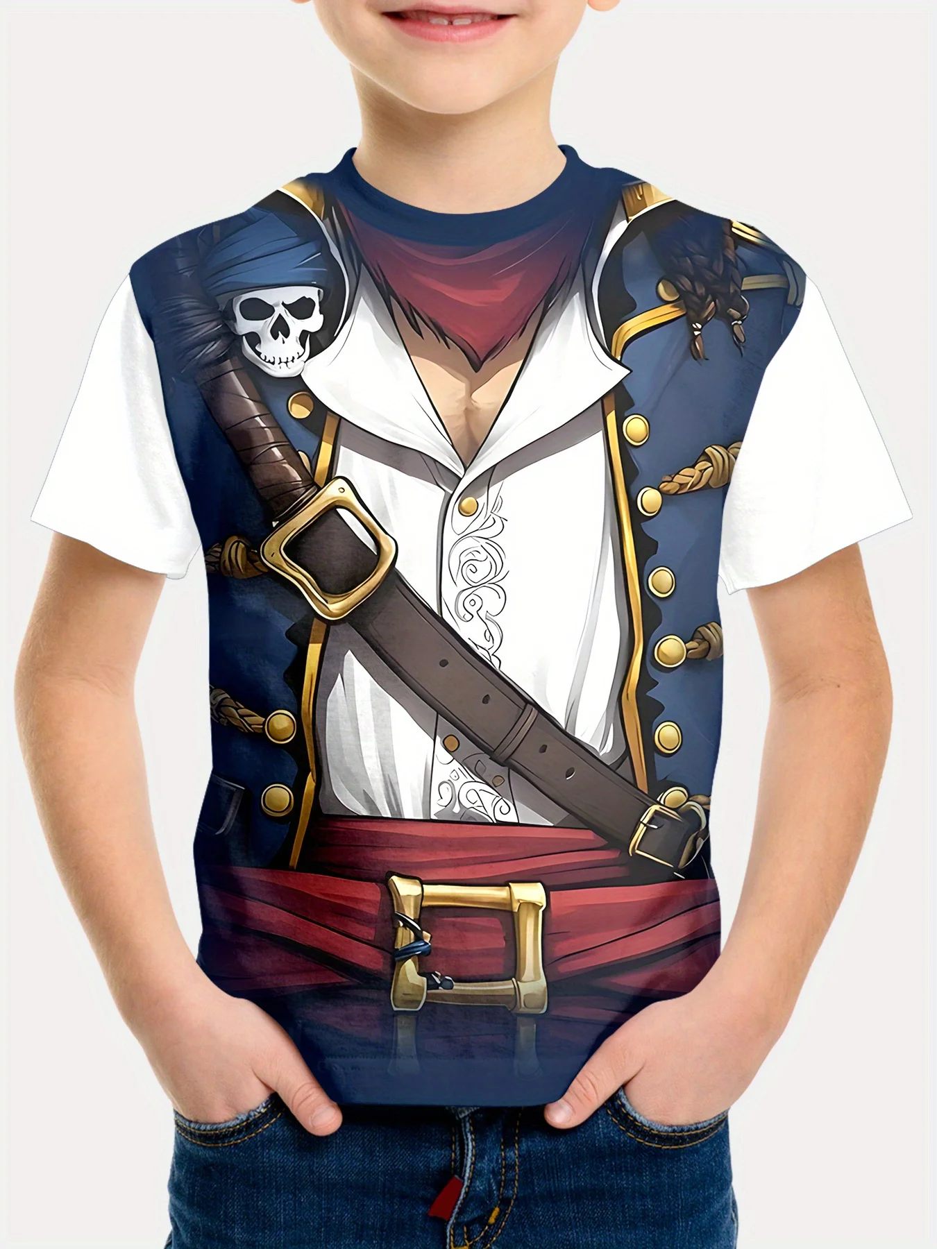 Kids Pirate Costume Graphic T‑Shirt, Boys 3D Pirate Suit Print Short Sleeve Crew Neck Casual Cosplay Tee Tops