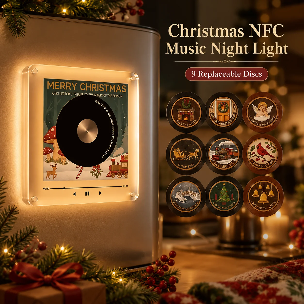 Christmas NFC Magnetic Vinyl Record Player Night Light Acrylic Music Player with 9 Replaceable Discs Refrigerator Sticker