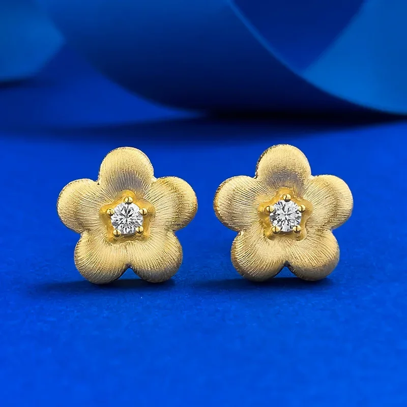 S925 Silver Plated Gold New Chinese Style China-Chic Style Gufa Wire Drawing Dot Drill Small Gold Flower Earrings