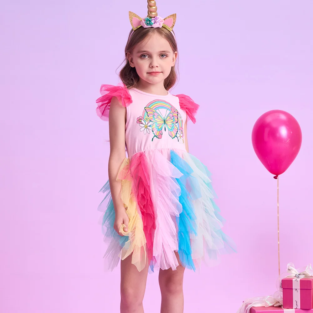VIKITA Mädchen Bunte Regenbogen Flattern Ärmeln Sommer Kleid Kinder Schmetterling Blume Drucken Layered Tüll Mesh Prinzessin Tutu Vestidos – Detail 4