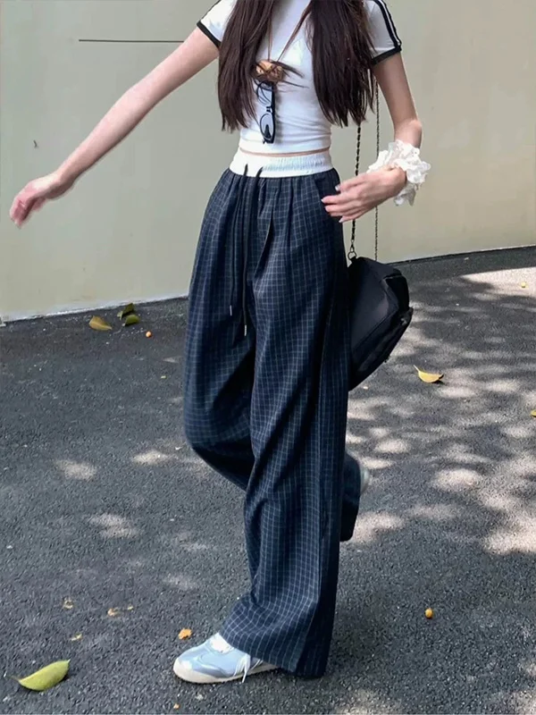 High Waist Loose Wide Leg Pants Women's Summer Casual Straight Cut Trousers Plaid Color Block Retro Style Elastic Waist