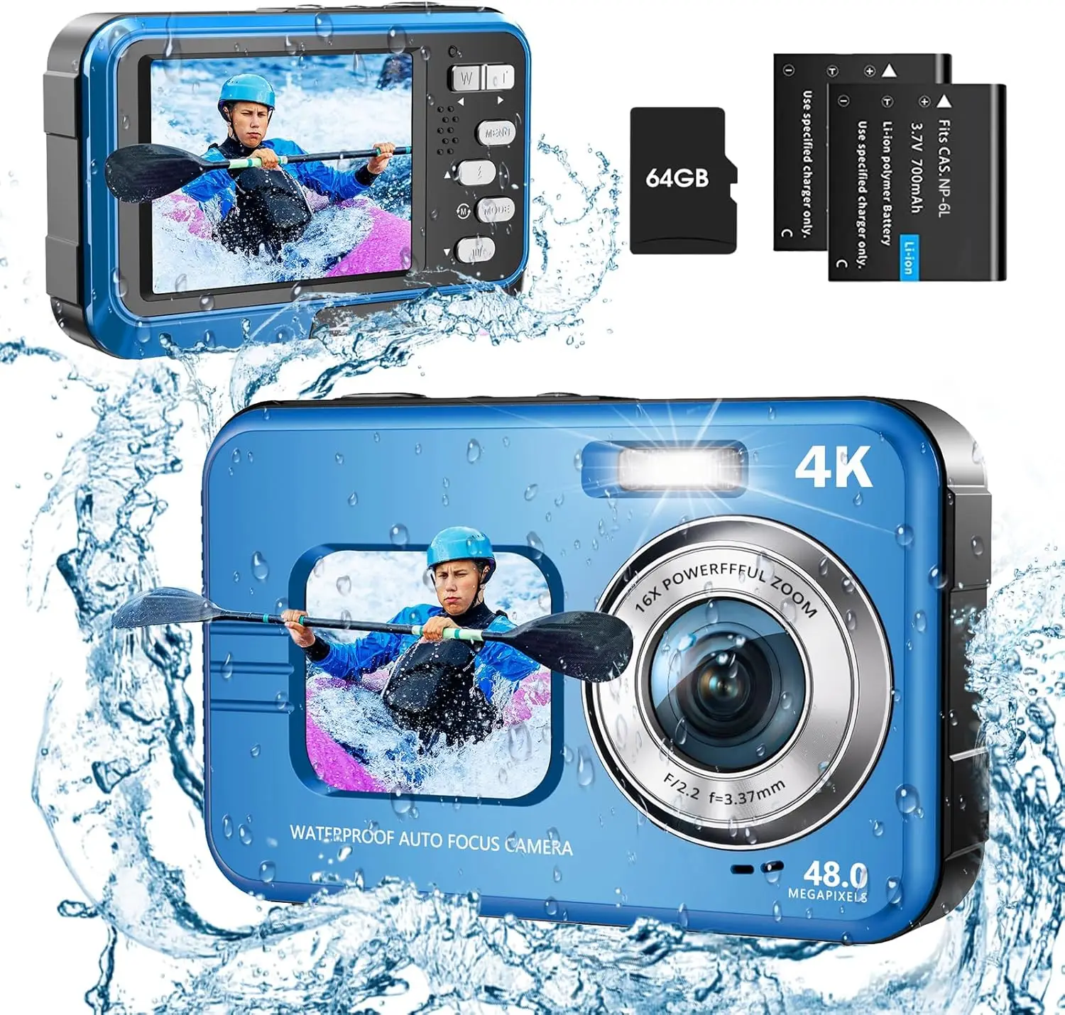 UHD 4K 48MP Autofocus Waterproof Camera with 16X Zoom Selfie Dual Screens,11FT Compact Waterproof Digital Camera with 64GB Card