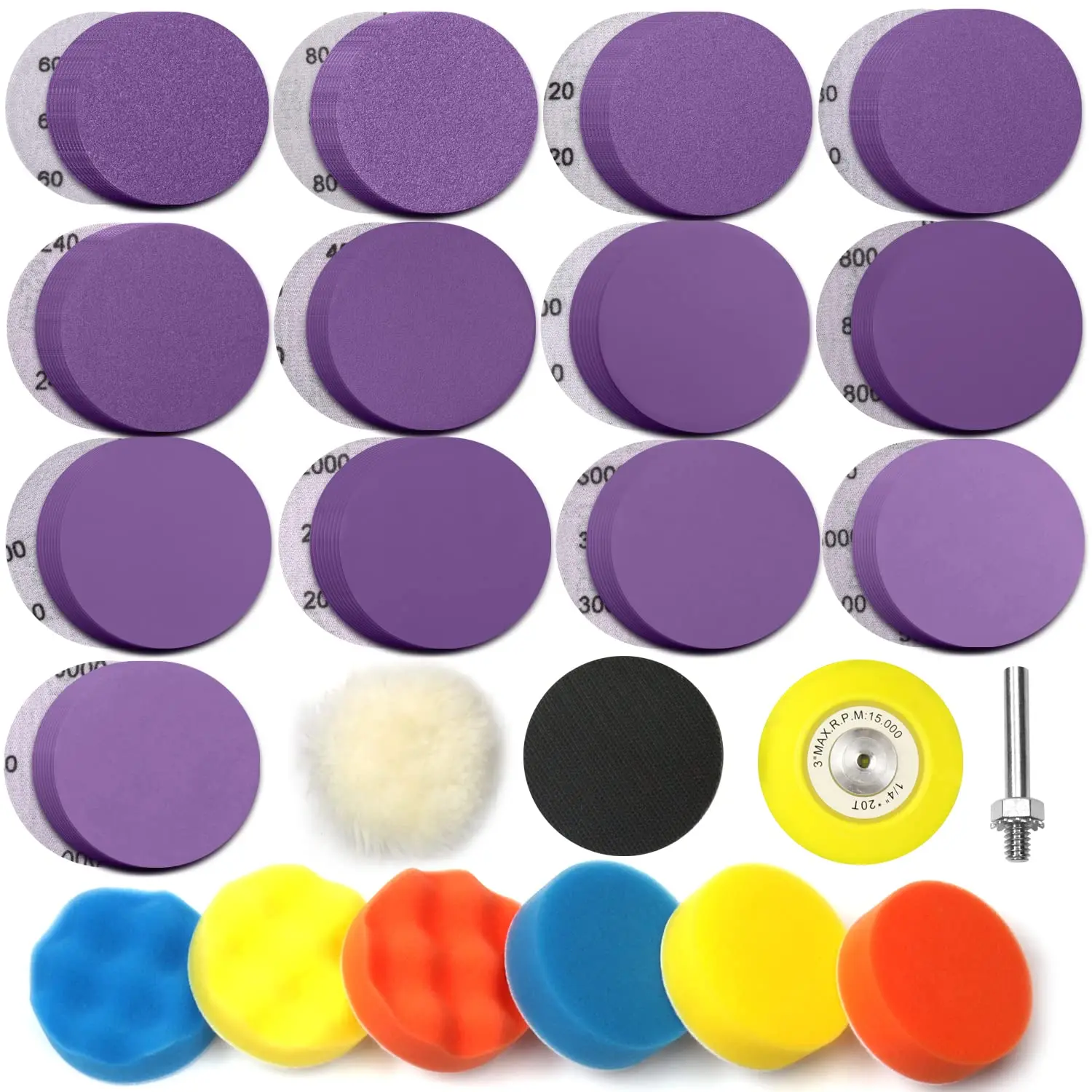 

140pcs set Sanding Discs 3Inch Wet Dry Hook and Loop 60-10000 Grits Sandpaper, Backing Pad, Polishing Pads Wool Pad for Wood Car