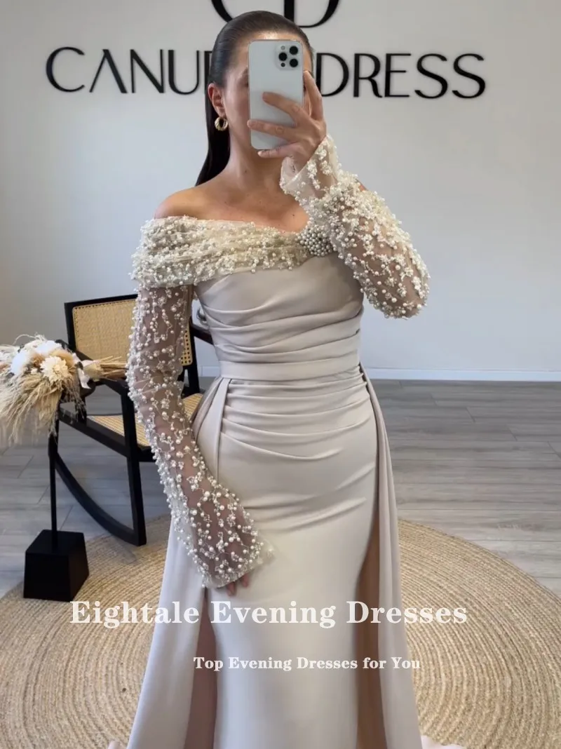 Eightale Arabic Evening Dress off Shoulder Sequin Pearls Long Sleeves Customized Mermaid Wedding Party Dress Vestido De Noche image 2