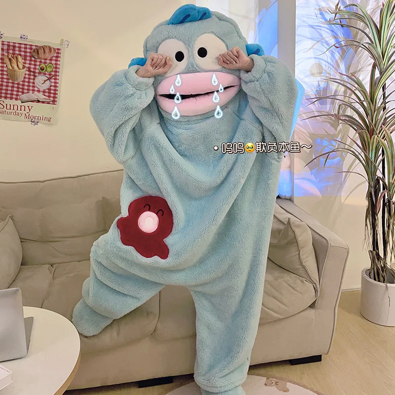 New Hatton Ugly Fish One-Piece Pajamas Female Coral Velvet Padded Warm Autumn And Winter Cartoon Funny Couple Pajamas Long Men