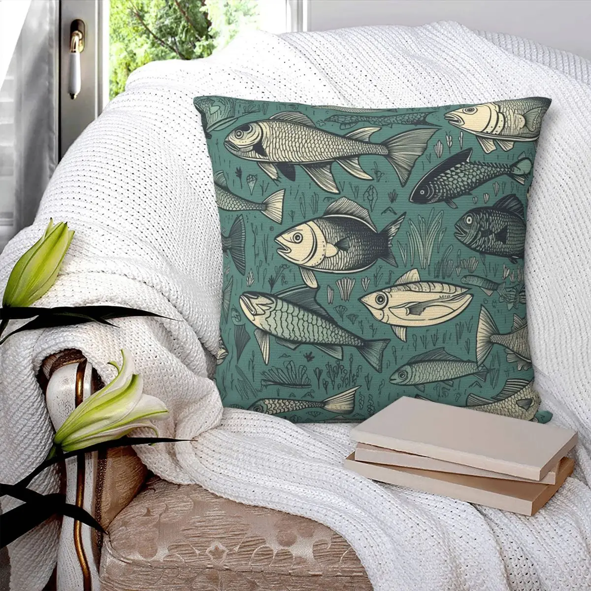 Colourful Fish Pattern Vintage Aquatic Illustration Square Pillowcase Cushion Cover Pillow Case Throw Pillow Cover for Home Sofa