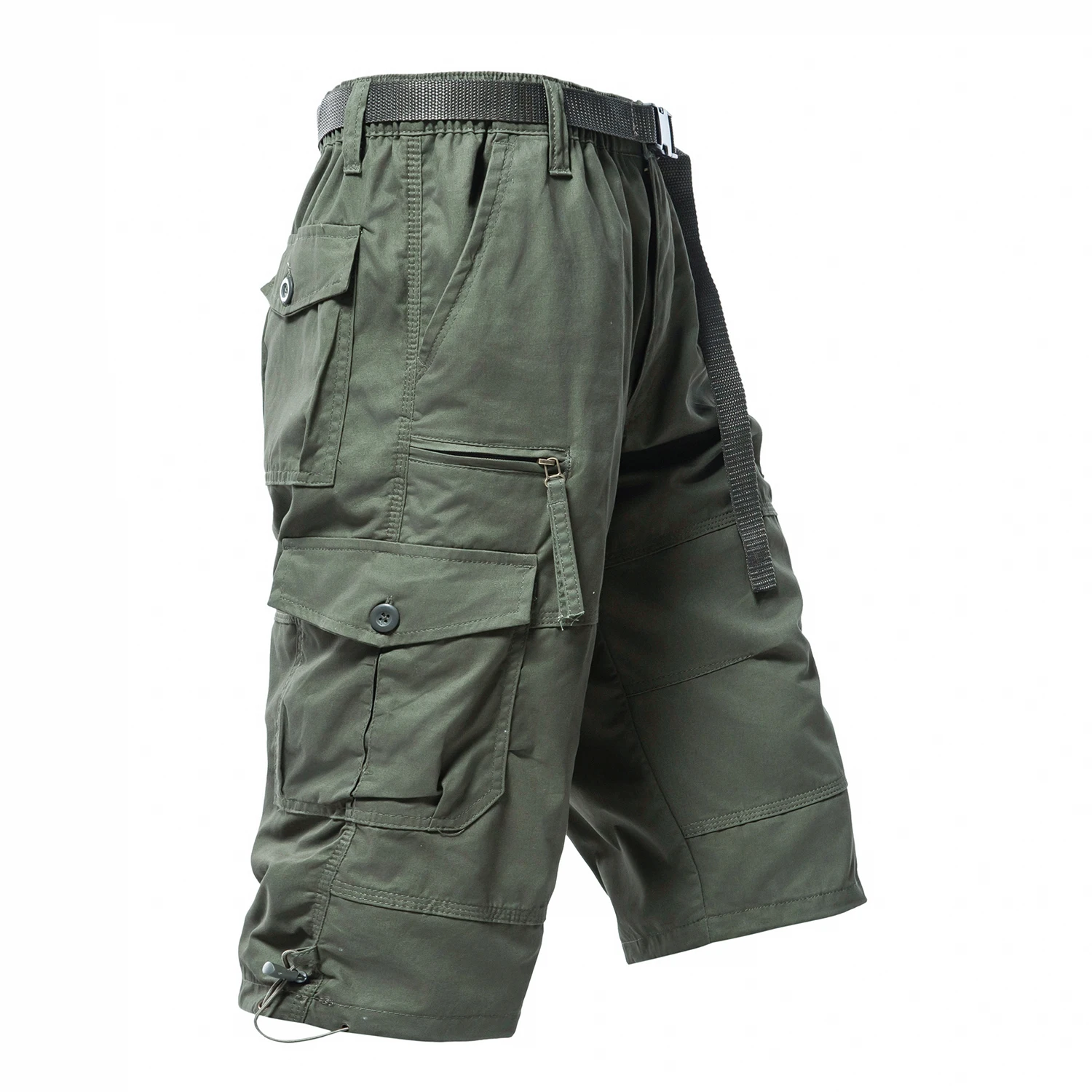 

Mens Work Cargo Shorts Elastic Waist Hiking Shorts 7 Pockets 3/4 Below Knee Summer Light Weight Cotton Capri Pants