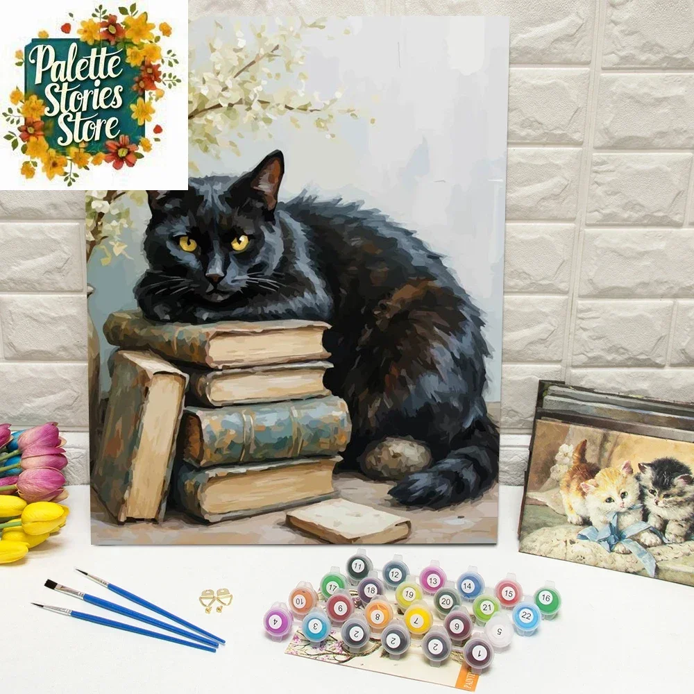 

DIY Картина маслом по номерам Кошачья книга Цифровая картина маслом Котенок Животное Рисунок на холсте Товары для рукоделия Взрослые Рождественский подарок (