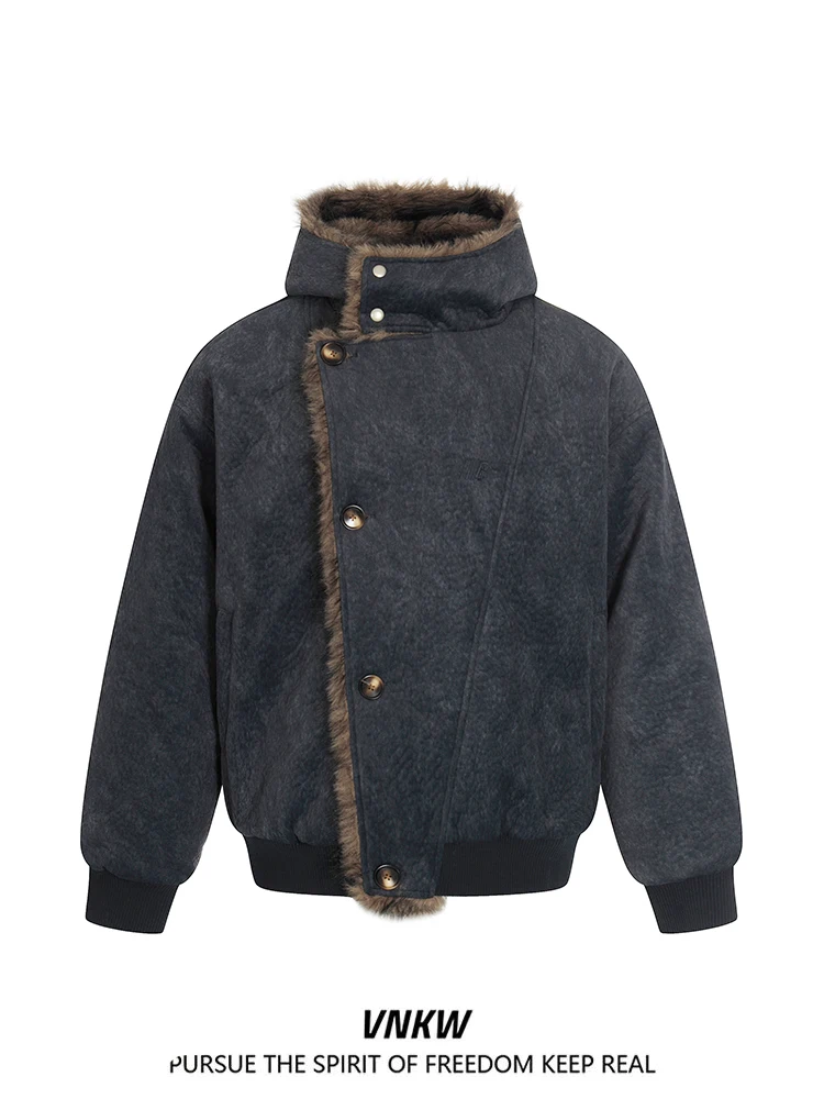 

Retro American Deconstructed Hooded Cotton Jaet Thiened Warm Outerwear for Men And Women Casual Sle Youth Faion