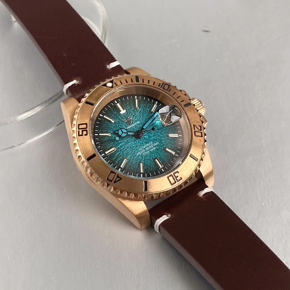 Real CUSN8 Bronze Tandorio Green Blue Dial 40mm Miyota 8215 Mechanical Dive Watch Men 200M Waterproof Lume Sapphire Leather Band