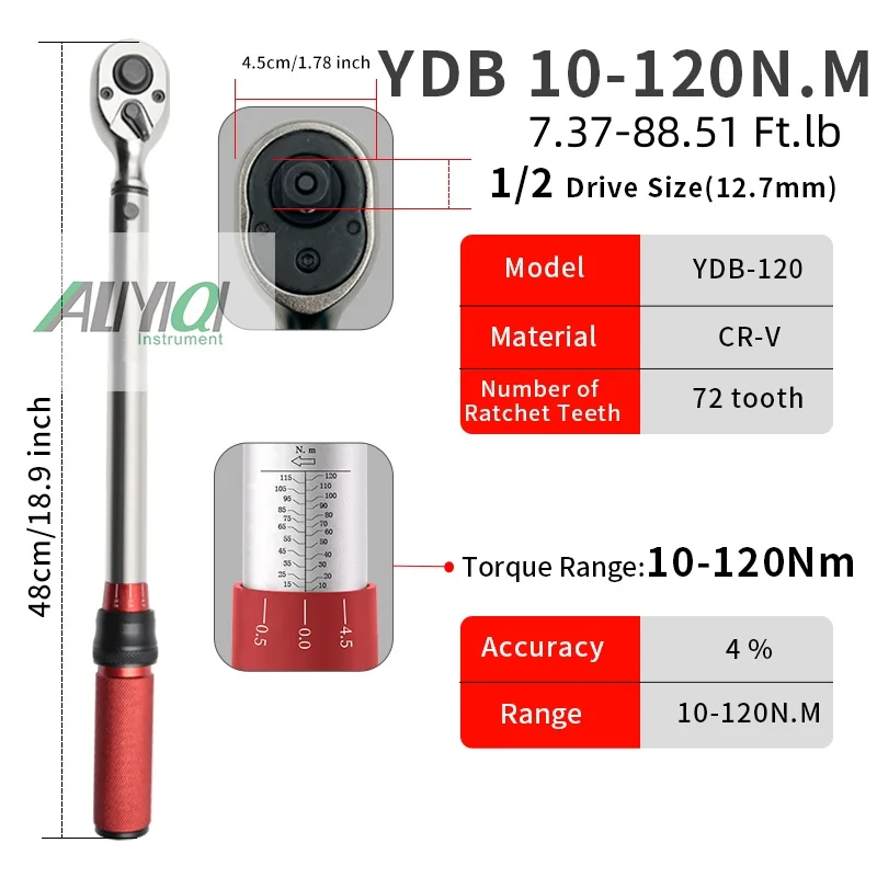 

ALIYIQI 10-120N.M (7.38-88.51 Ft.lb) 1/2 inch 4% Bidirectional Ratchet Preset Adjustable Torque Wrench Bicycle Car Repair Tools