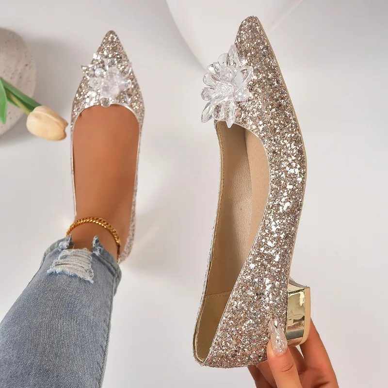 2023 Spring and Autumn New Fashion Outwear Sequin Face Pointed Women\'s Large Shallow Mouth Single Shoes High Heels Women