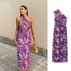 PB&ZA 2024 Women's Summer European and American Fashion Slant Shoulder Sleeveless Sexy Wrap Hip Print Slim Fit Holiday Dress