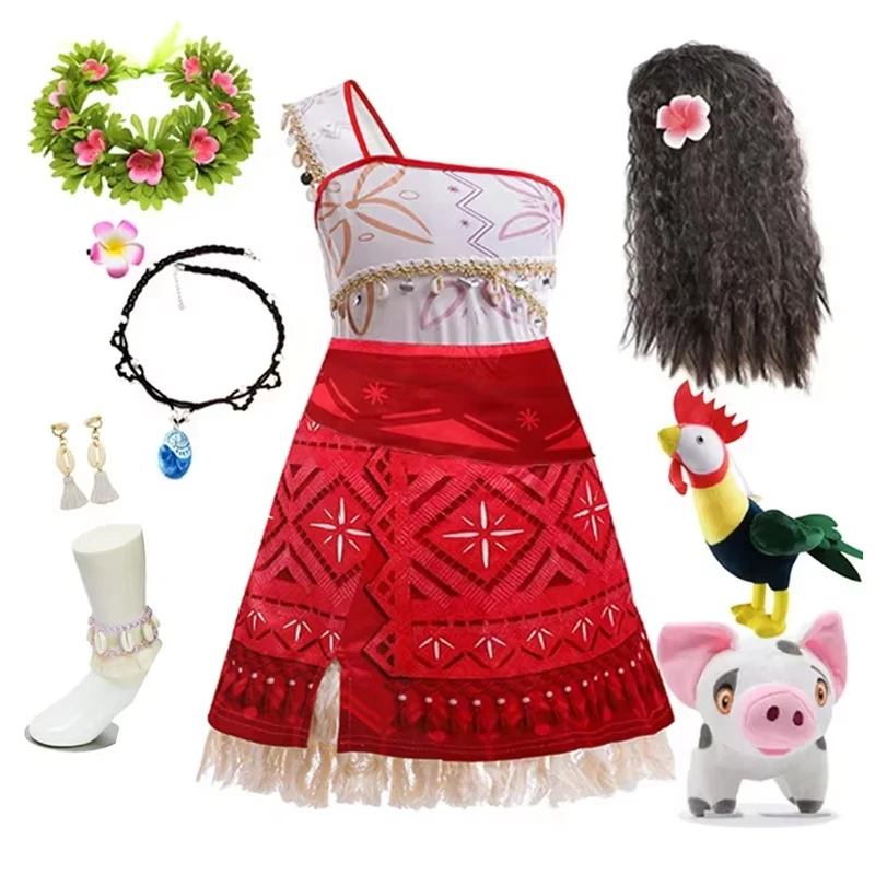 Moana 2 Prinzessinnenkleid Mädchen Einschultriges Trägerkleid mit Quasten Cosplay Vaiana Kostüm Kinder Karneval Geburtstag Party Kleidungsset